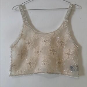 POL Cream Embellished  beaded cropped tank Top